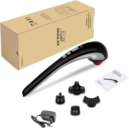 Aparat de masaj profesional Snailax, cu functie de caldura, multifunctional, portabil, reincarcabil, 4 capete, 3 moduri si 3 intensitati reglabile, cu maner ergonomic, pentru gat, spate si umeri