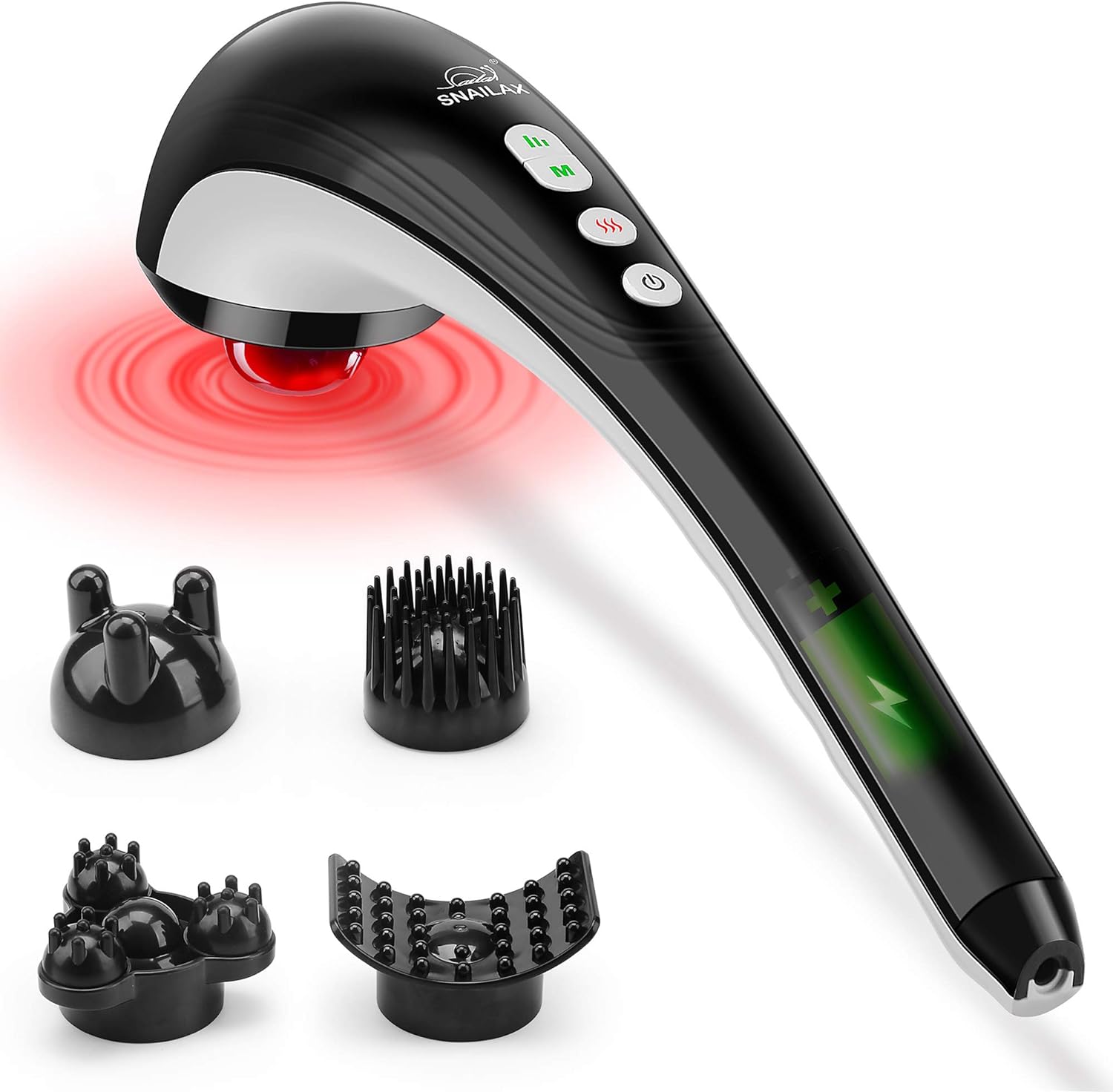 Aparat de masaj profesional Snailax, cu functie de caldura, multifunctional, portabil, reincarcabil, 4 capete, 3 moduri si 3 intensitati reglabile, cu maner ergonomic, pentru gat, spate si umeri