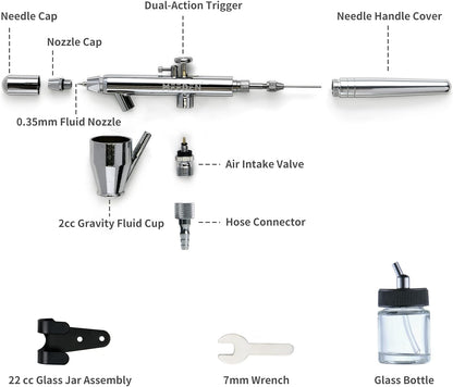 Set 3 aerograf cu dubla actiune, AR30 cu varf de 0.5 mm si rezervor de 7 ml, AR35 cu varf 0.25 mm si rezervor 2 ml, airbrush AR28 cu alimentare prin aspiratie, varf de 0.35 mm si rezervor de sticla de 5-22 ml, pentru arta, modelare, tatuaje, decorare tort