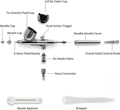 Set 3 aerograf cu dubla actiune, AR30 cu varf de 0.5 mm si rezervor de 7 ml, AR35 cu varf 0.25 mm si rezervor 2 ml, airbrush AR28 cu alimentare prin aspiratie, varf de 0.35 mm si rezervor de sticla de 5-22 ml, pentru arta, modelare, tatuaje, decorare tort