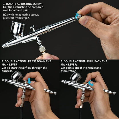Set 3 aerograf cu dubla actiune, AR30 cu varf de 0.5 mm si rezervor de 7 ml, AR35 cu varf 0.25 mm si rezervor 2 ml, airbrush AR28 cu alimentare prin aspiratie, varf de 0.35 mm si rezervor de sticla de 5-22 ml, pentru arta, modelare, tatuaje, decorare tort