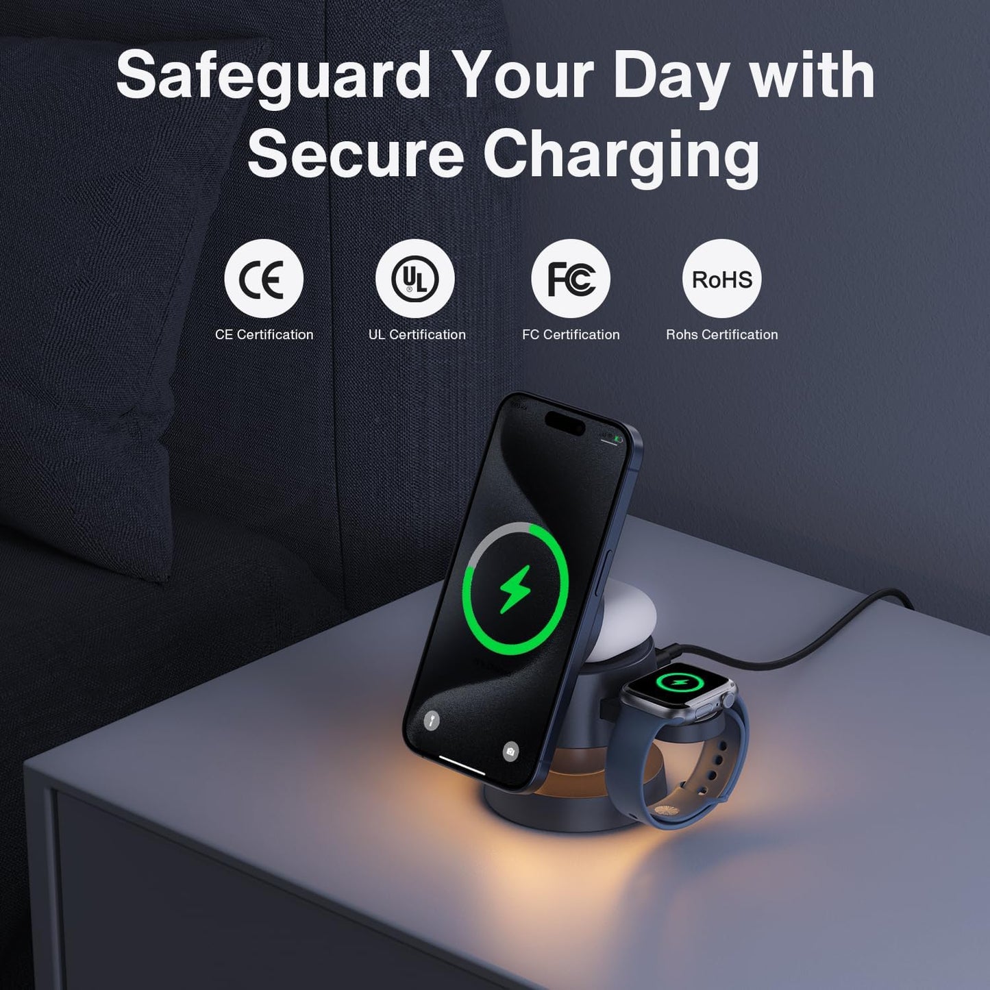 Incarcator wireless 4 in 1, statie de incarcare Magsafe 22.5 W cu lampa de veghe, incarcare rapida, unghi reglabil, pentru Apple iPhone, Iwatch, AirPods