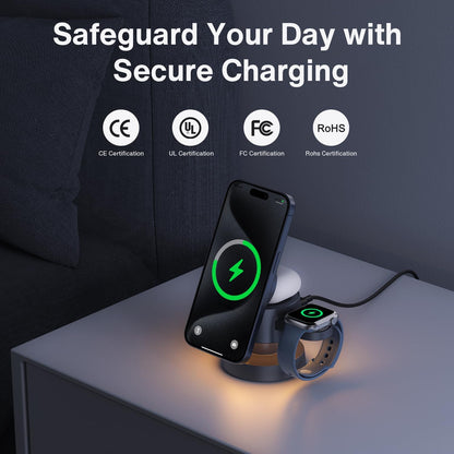 Incarcator wireless 4 in 1, statie de incarcare Magsafe 22.5 W cu lampa de veghe, incarcare rapida, unghi reglabil, pentru Apple iPhone, Iwatch, AirPods