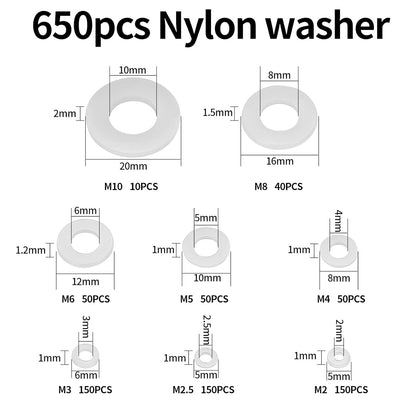 Set 650 de bucati distantiere de izolatie din Nylon, M2, M2.5, M3, M4, M5, M6, M8, M10, saibe de etansare pentru izolarea suruburilor, cu cutie de depozitare si transport, albe