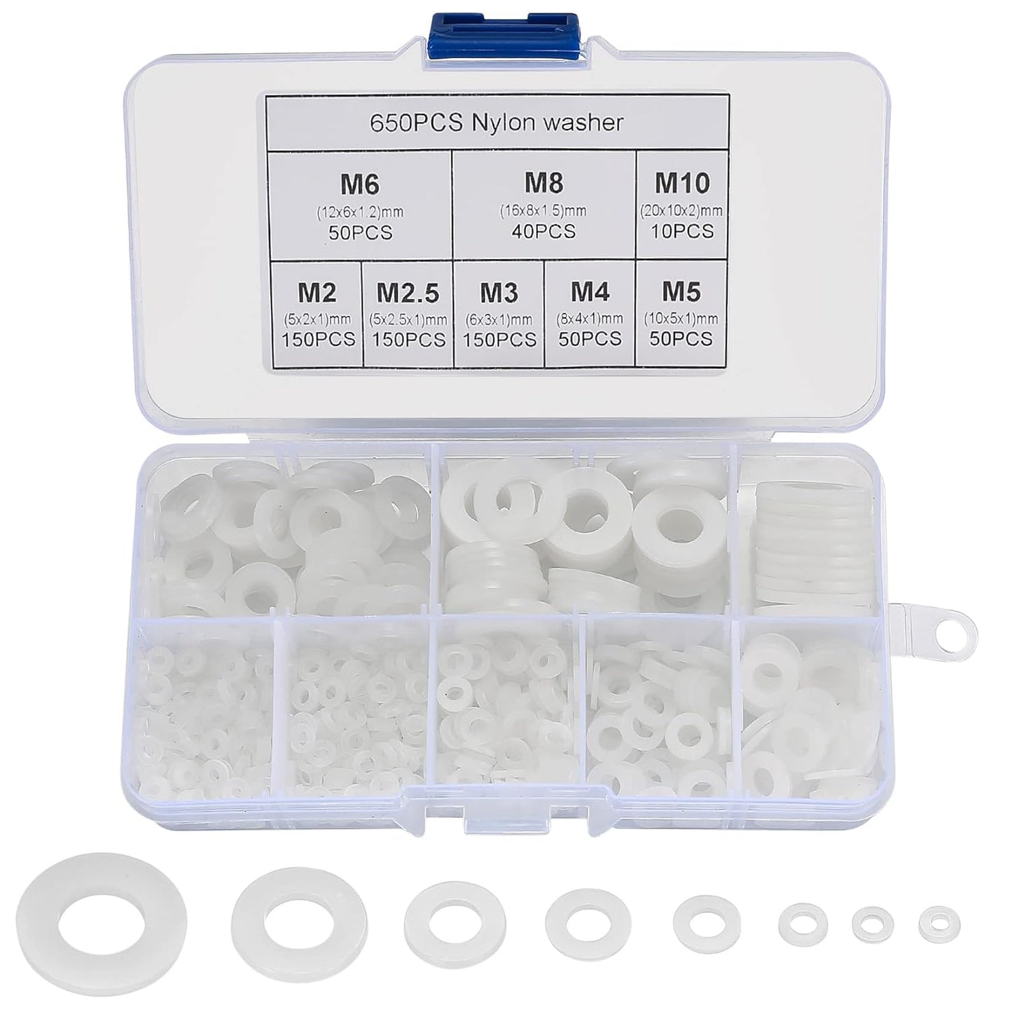 Set 650 de bucati distantiere de izolatie din Nylon, M2, M2.5, M3, M4, M5, M6, M8, M10, saibe de etansare pentru izolarea suruburilor, cu cutie de depozitare si transport, albe