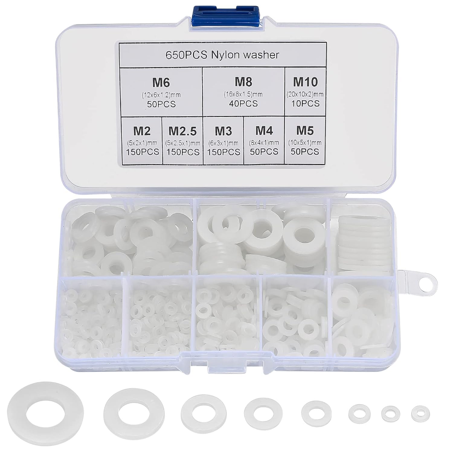 Set 650 de bucati distantiere de izolatie din Nylon, M2, M2.5, M3, M4, M5, M6, M8, M10, saibe de etansare pentru izolarea suruburilor, cu cutie de depozitare si transport, albe
