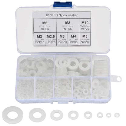 Set 650 de bucati distantiere de izolatie din Nylon, M2, M2.5, M3, M4, M5, M6, M8, M10, saibe de etansare pentru izolarea suruburilor, cu cutie de depozitare si transport, albe