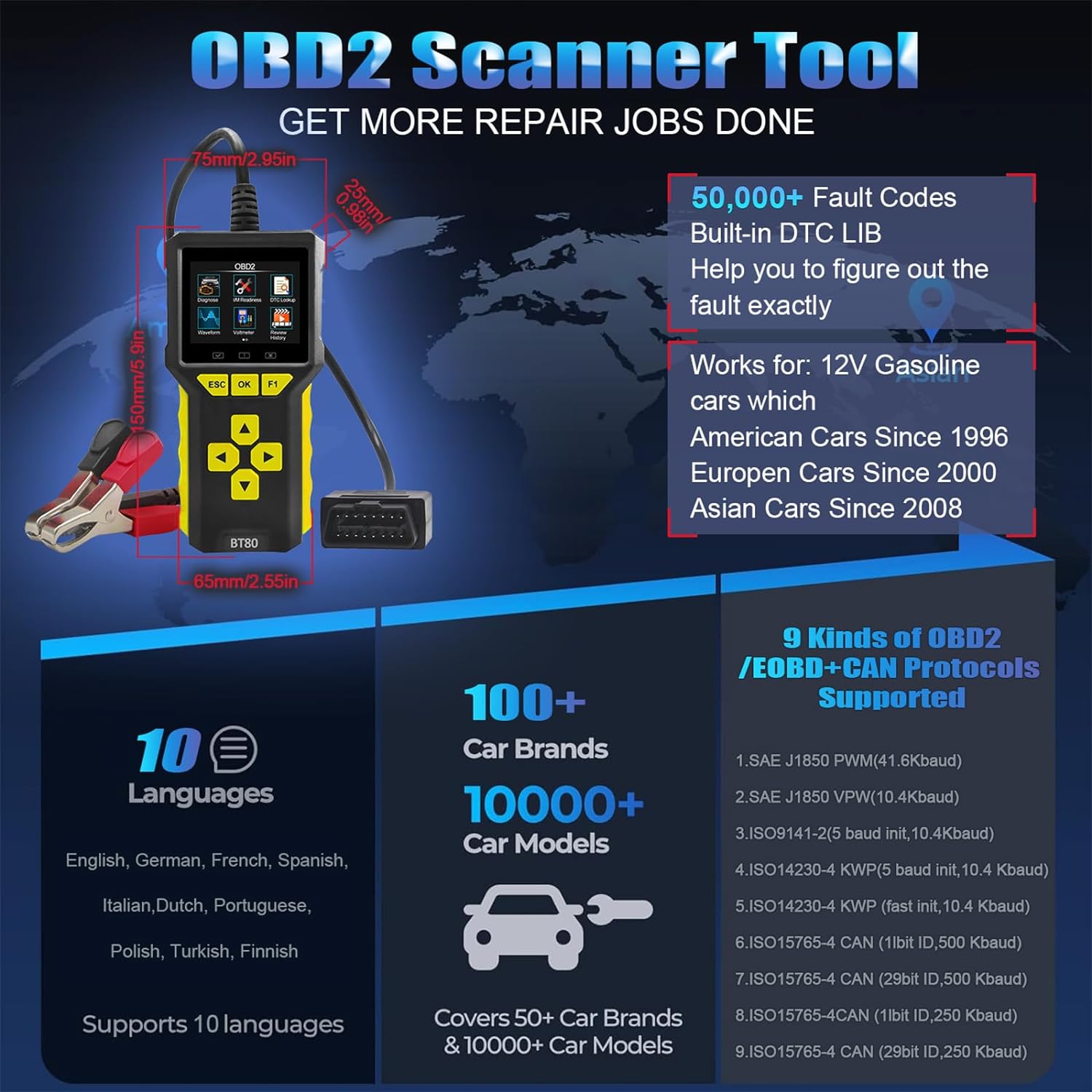 Tester auto universal 2 in 1, OBD2 si tester baterie, 6V, 12V, 24V, volmetru, test de incarcare a bateriei 100-3300 CCA, test de pornire, diagnoza, cautare DTC, citire si stergere coduri de eroare,display LCD, grafice in timp real, multimarca, negru