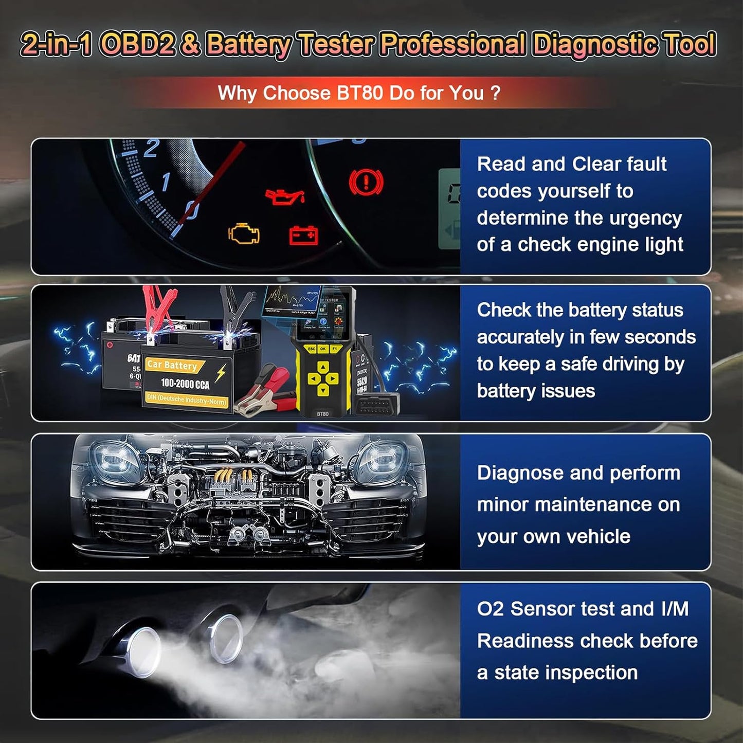 Tester auto universal 2 in 1, OBD2 si tester baterie, 6V, 12V, 24V, volmetru, test de incarcare a bateriei 100-3300 CCA, test de pornire, diagnoza, cautare DTC, citire si stergere coduri de eroare,display LCD, grafice in timp real, multimarca, negru