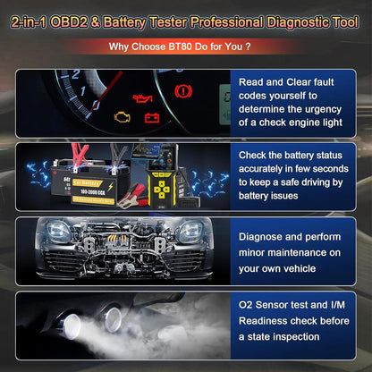 Tester auto universal 2 in 1, OBD2 si tester baterie, 6V, 12V, 24V, volmetru, test de incarcare a bateriei 100-3300 CCA, test de pornire, diagnoza, cautare DTC, citire si stergere coduri de eroare,display LCD, grafice in timp real, multimarca, negru