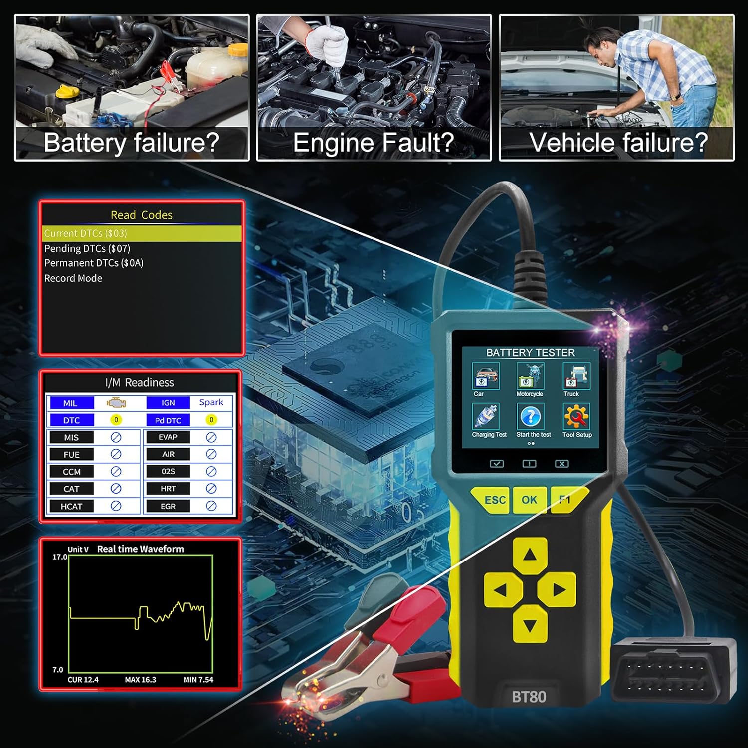 Tester auto universal 2 in 1, OBD2 si tester baterie, 6V, 12V, 24V, volmetru, test de incarcare a bateriei 100-3300 CCA, test de pornire, diagnoza, cautare DTC, citire si stergere coduri de eroare,display LCD, grafice in timp real, multimarca, negru