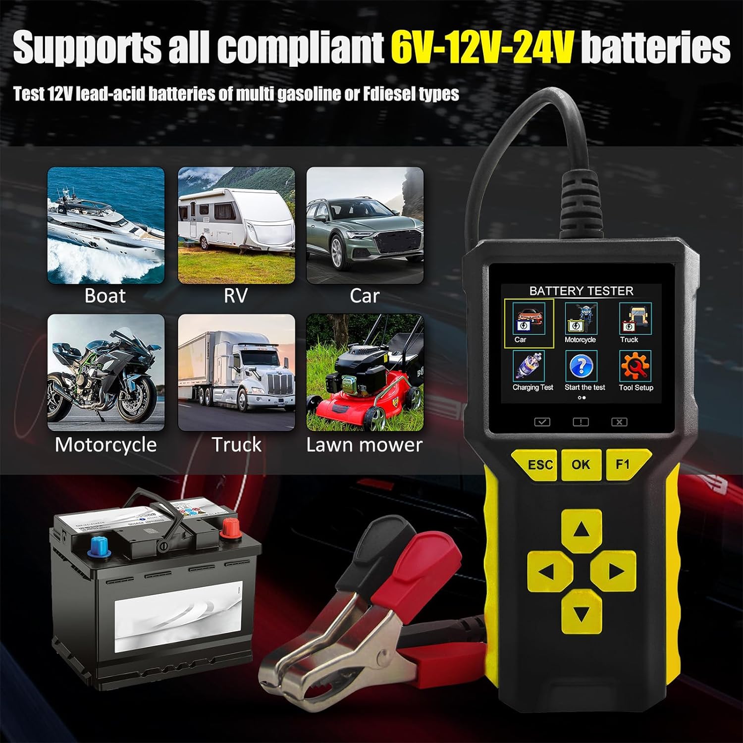 Tester auto universal 2 in 1, OBD2 si tester baterie, 6V, 12V, 24V, volmetru, test de incarcare a bateriei 100-3300 CCA, test de pornire, diagnoza, cautare DTC, citire si stergere coduri de eroare,display LCD, grafice in timp real, multimarca, negru