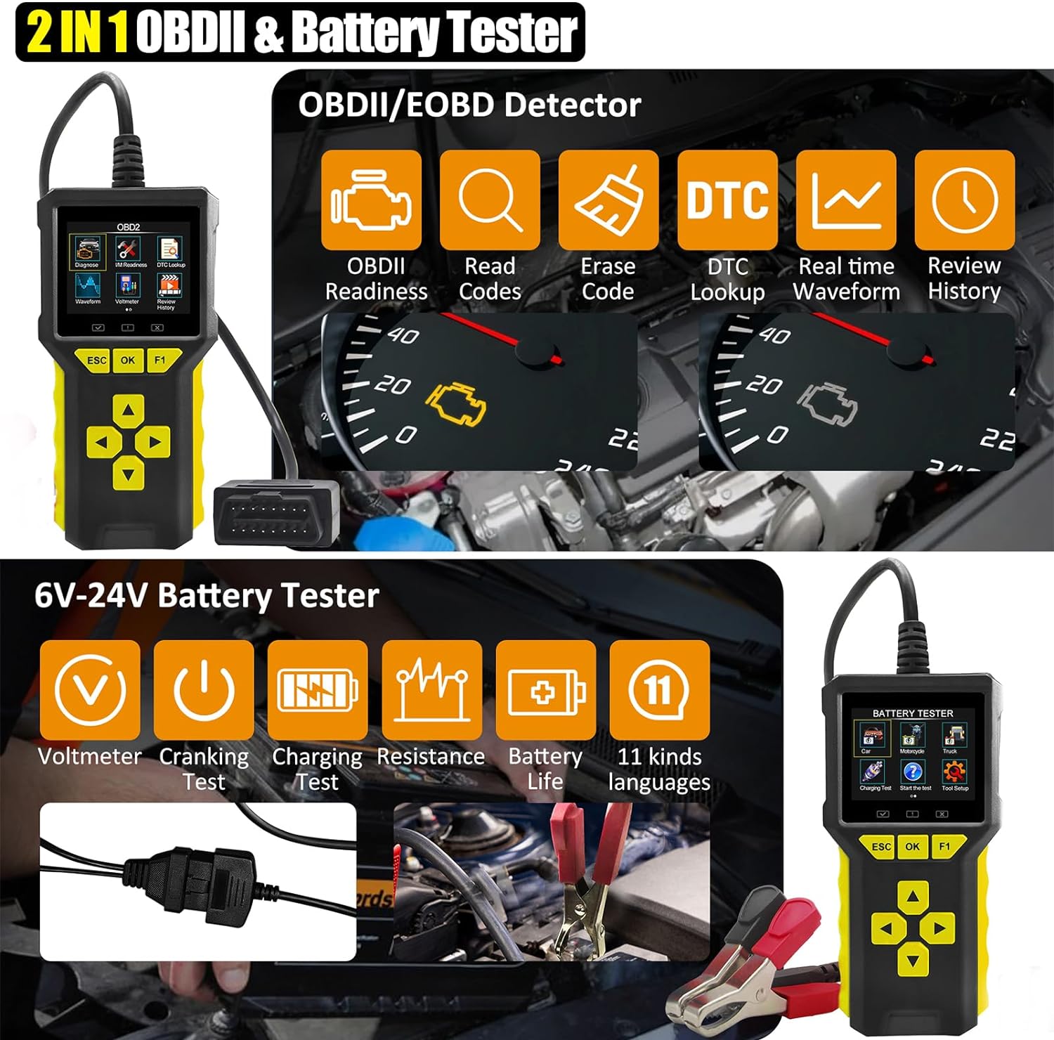Tester auto universal 2 in 1, OBD2 si tester baterie, 6V, 12V, 24V, volmetru, test de incarcare a bateriei 100-3300 CCA, test de pornire, diagnoza, cautare DTC, citire si stergere coduri de eroare,display LCD, grafice in timp real, multimarca, negru