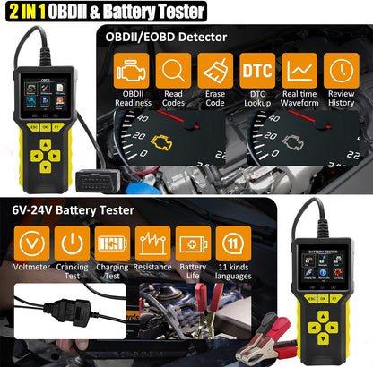 Tester auto universal 2 in 1, OBD2 si tester baterie, 6V, 12V, 24V, volmetru, test de incarcare a bateriei 100-3300 CCA, test de pornire, diagnoza, cautare DTC, citire si stergere coduri de eroare,display LCD, grafice in timp real, multimarca, negru