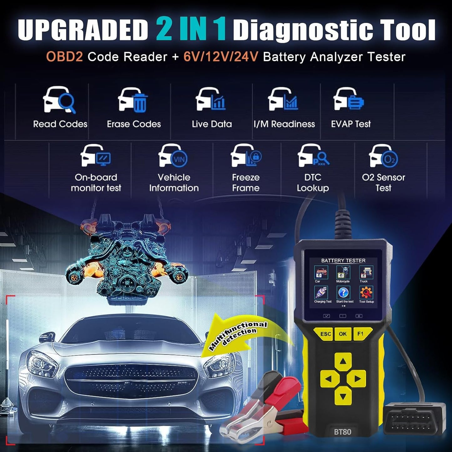 Tester auto universal 2 in 1, OBD2 si tester baterie, 6V, 12V, 24V, volmetru, test de incarcare a bateriei 100-3300 CCA, test de pornire, diagnoza, cautare DTC, citire si stergere coduri de eroare,display LCD, grafice in timp real, multimarca, negru