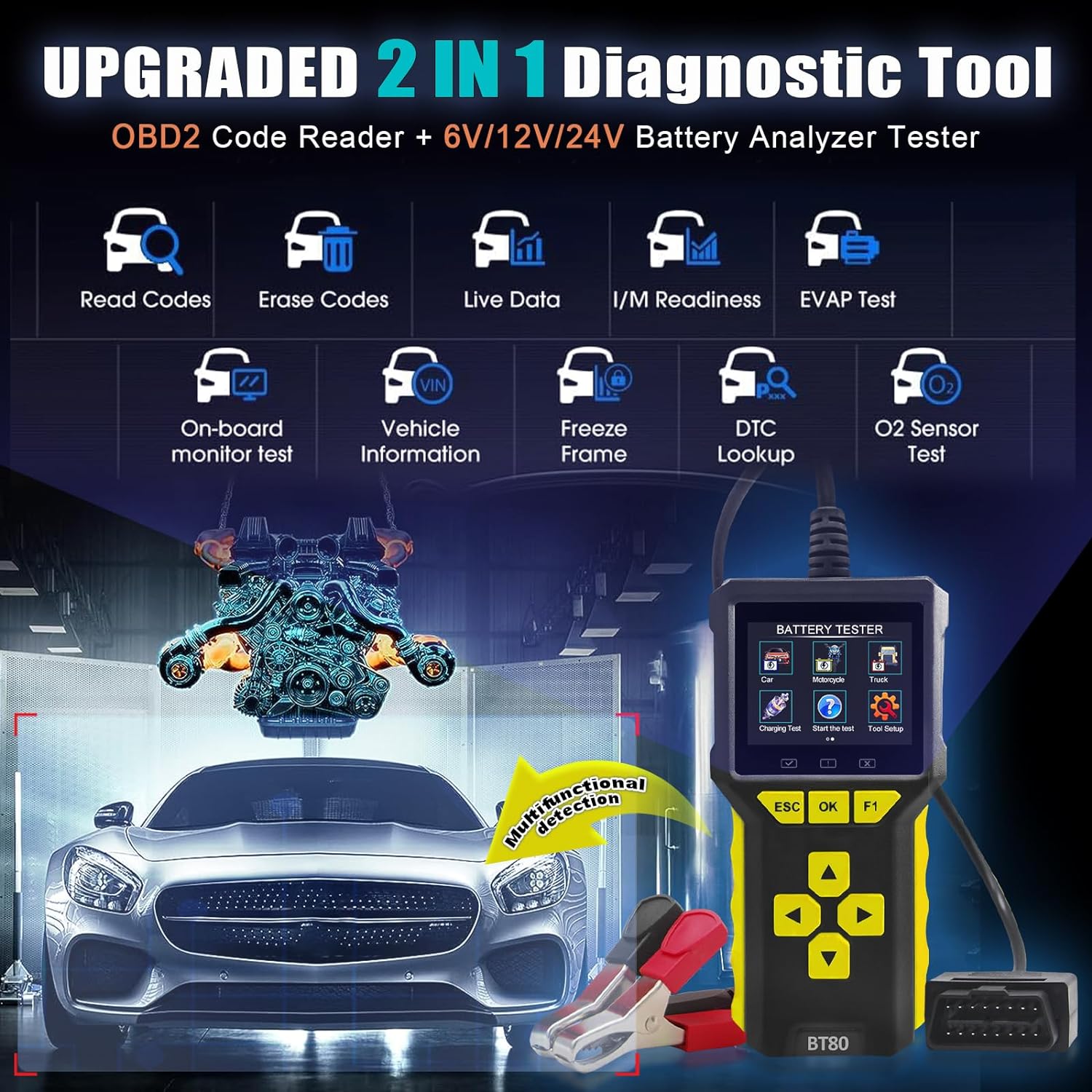 Tester auto universal 2 in 1, OBD2 si tester baterie, 6V, 12V, 24V, volmetru, test de incarcare a bateriei 100-3300 CCA, test de pornire, diagnoza, cautare DTC, citire si stergere coduri de eroare,display LCD, grafice in timp real, multimarca, negru
