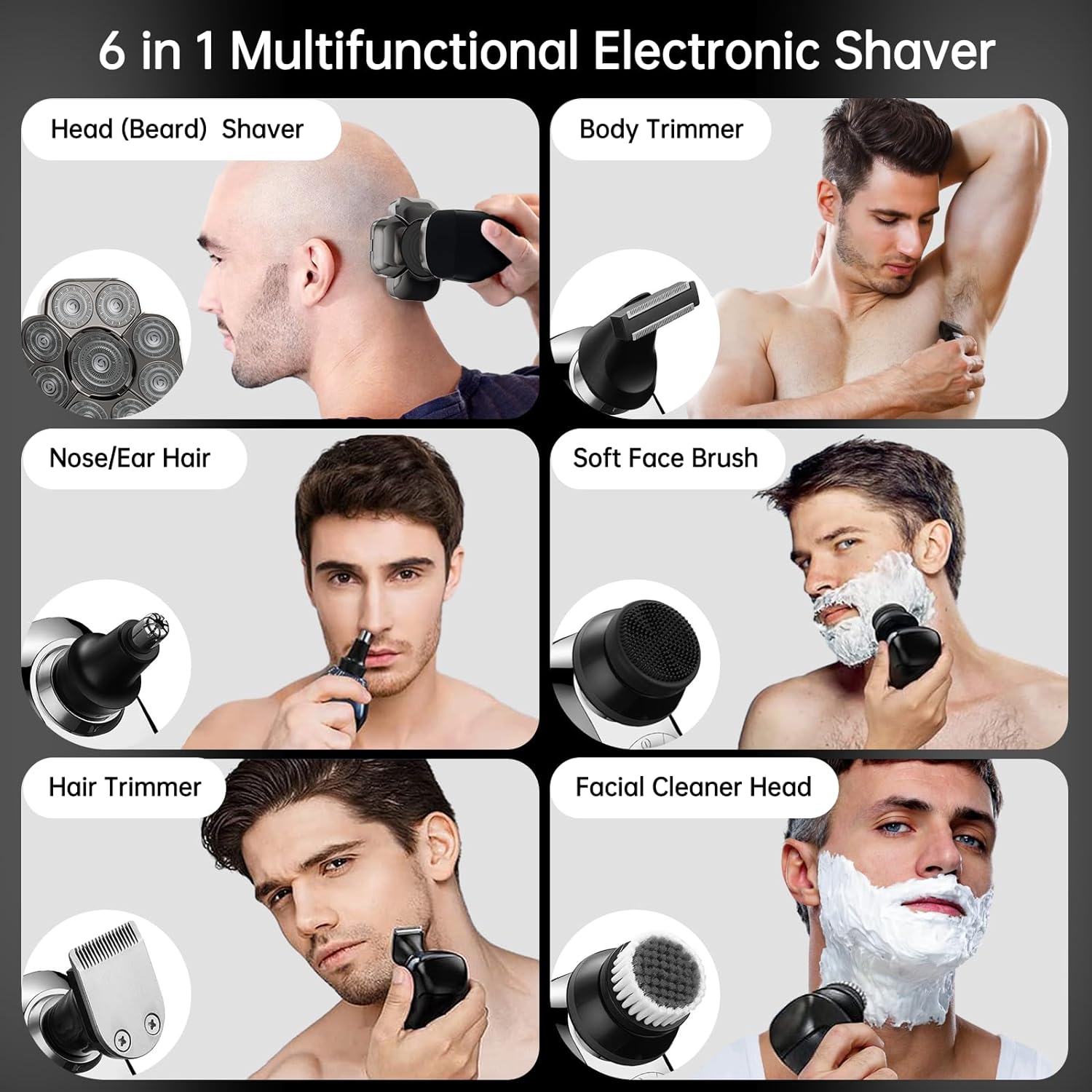 Aparat de ras electric 9D cu cap rotativ, 6 in 1, rezistent la apa IPX7, umed si uscat, cu afisaj LCD, reincarcabil USB, multifunctional, pentru cap si fata