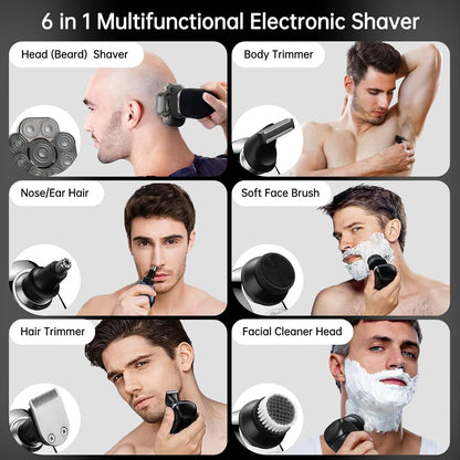Aparat de ras electric 9D cu cap rotativ, 6 in 1, rezistent la apa IPX7, umed si uscat, cu afisaj LCD, reincarcabil USB, multifunctional, pentru cap si fata