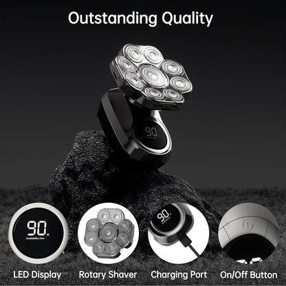 Aparat de ras electric 9D cu cap rotativ, 6 in 1, rezistent la apa IPX7, umed si uscat, cu afisaj LCD, reincarcabil USB, multifunctional, pentru cap si fata