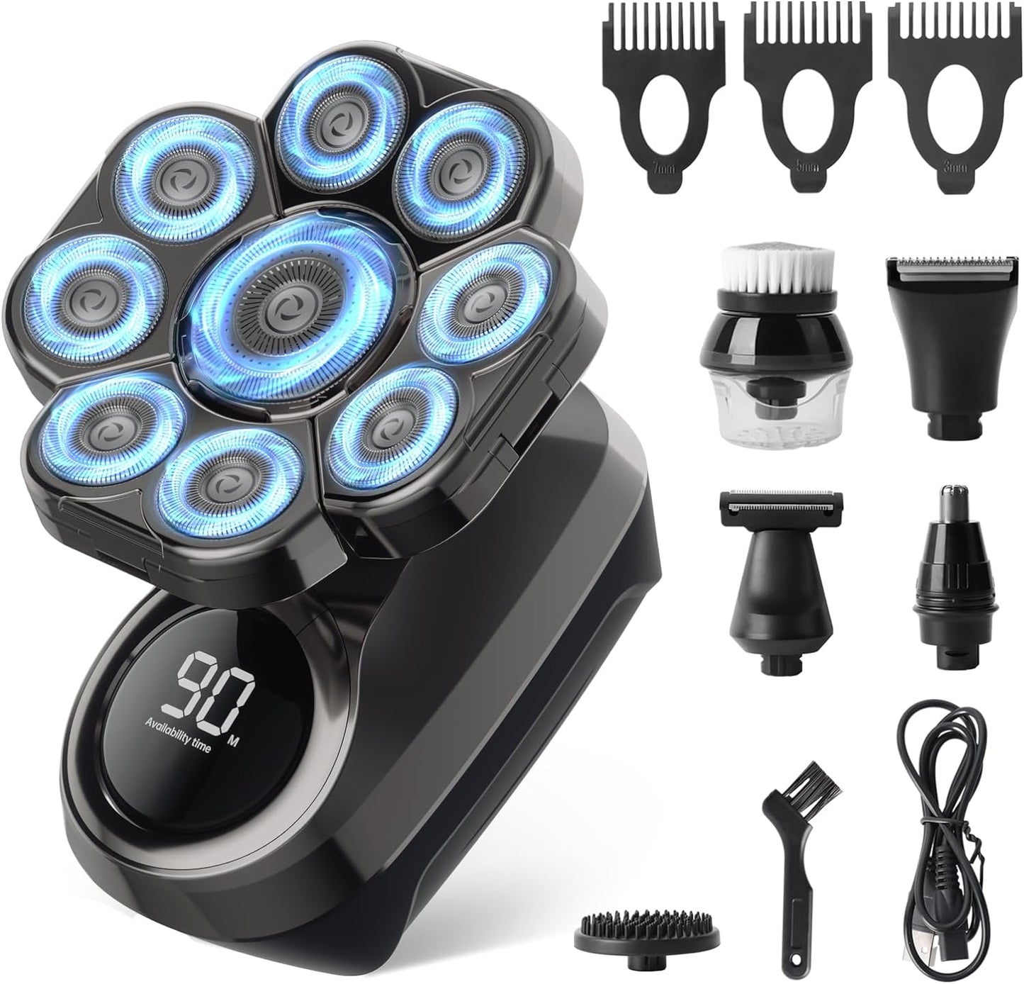 Aparat de ras electric 9D cu cap rotativ, 6 in 1, rezistent la apa IPX7, umed si uscat, cu afisaj LCD, reincarcabil USB, multifunctional, pentru cap si fata