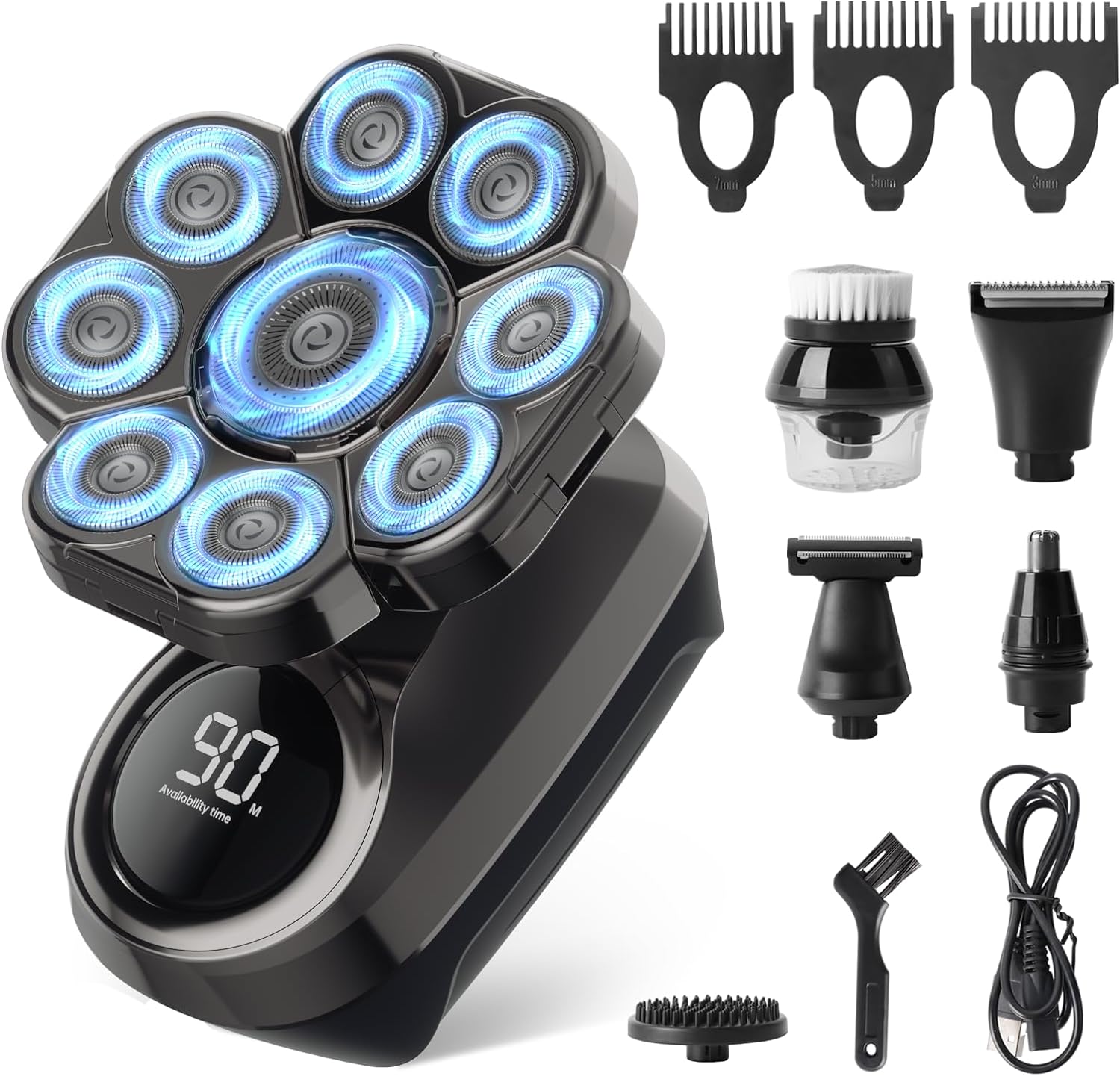Aparat de ras electric 9D cu cap rotativ, 6 in 1, rezistent la apa IPX7, umed si uscat, cu afisaj LCD, reincarcabil USB, multifunctional, pentru cap si fata