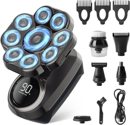 Aparat de ras electric 9D cu cap rotativ, 6 in 1, rezistent la apa IPX7, umed si uscat, cu afisaj LCD, reincarcabil USB, multifunctional, pentru cap si fata