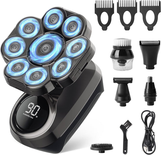 Aparat de ras electric 9D cu cap rotativ, 6 in 1, rezistent la apa IPX7, umed si uscat, cu afisaj LCD, reincarcabil USB, multifunctional, pentru cap si fata