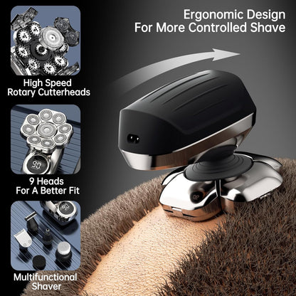 Aparat de ras electric 9D cu cap rotativ, 6 in 1, rezistent la apa IPX7, umed si uscat, cu afisaj LCD, reincarcabil USB, multifunctional, pentru cap si fata