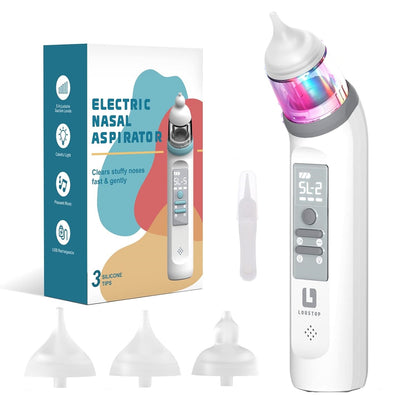 Aspirator Nazal Electric, pentru Bebelusi si Copii, cu Muzica si Lumini RGB, 5 Trepte de Aspirare, Portabil, Incarcare USB, cu Baterie Reincarcabila 600mAh, Putere de aspirare mare 58-68 kpa, Display LCD, 3 Capete de silicon, Alb