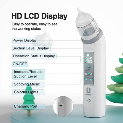 Aspirator Nazal Electric, pentru Bebelusi si Copii, cu Muzica si Lumini RGB, 5 Trepte de Aspirare, Portabil, Incarcare USB, cu Baterie Reincarcabila 600mAh, Putere de aspirare mare 58-68 kpa, Display LCD, 3 Capete de silicon, Alb