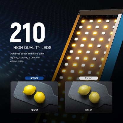 Kit de lumina continua, 2 lumini studio LED, cu display LCD, telecomanda, 4 filtre de culoare, 210 LED-uri CRI97, 3200K-5600K, Luminozitate reglabila 0-100%, alimentare duala, cu 2 buc trepied reglabil si geanta de depozitare si transport, Neewer BH20B