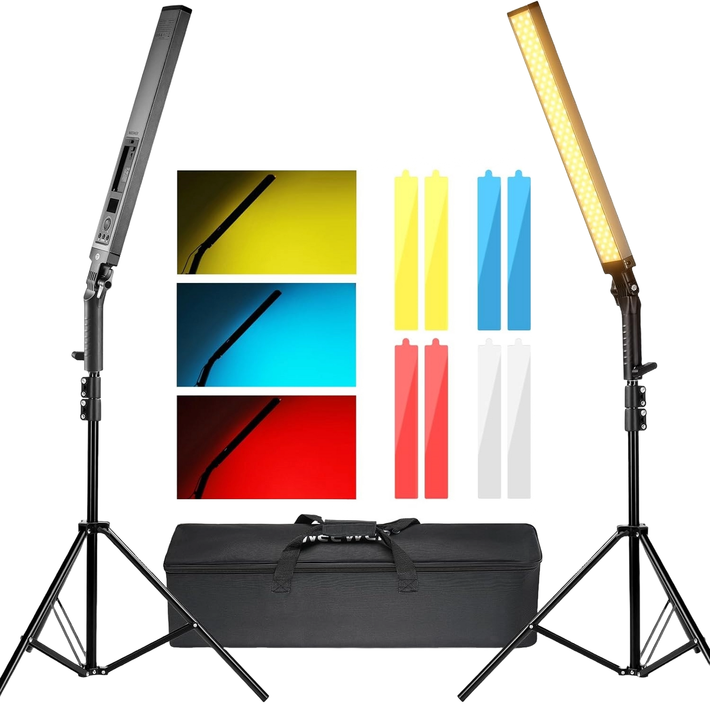 Kit de lumina continua, 2 lumini studio LED, cu display LCD, telecomanda, 4 filtre de culoare, 210 LED-uri CRI97, 3200K-5600K, Luminozitate reglabila 0-100%, alimentare duala, cu 2 buc trepied reglabil si geanta de depozitare si transport, Neewer BH20B