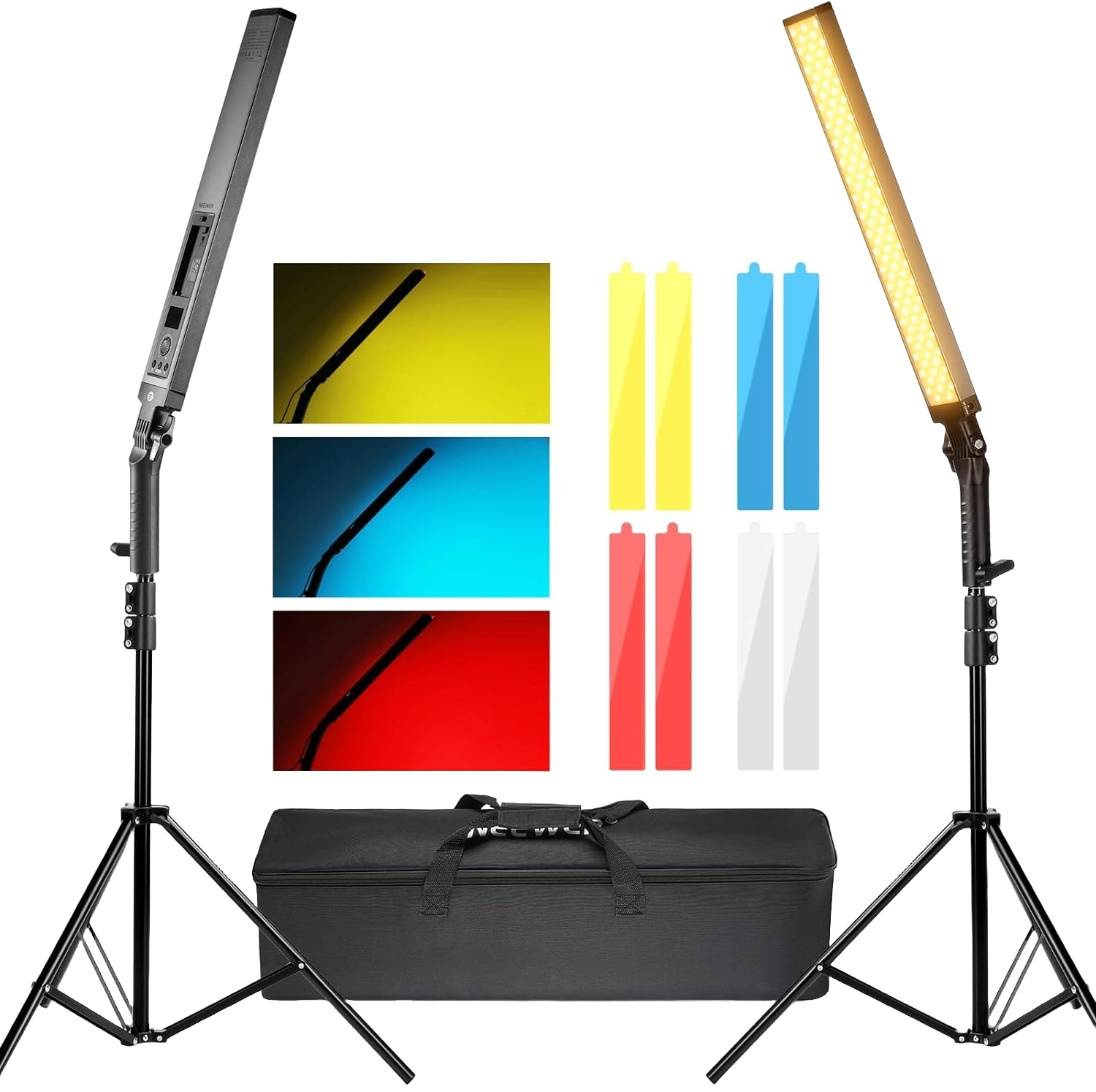 Kit de lumina continua, 2 lumini studio LED, cu display LCD, telecomanda, 4 filtre de culoare, 210 LED-uri CRI97, 3200K-5600K, Luminozitate reglabila 0-100%, alimentare duala, cu 2 buc trepied reglabil si geanta de depozitare si transport, Neewer BH20B