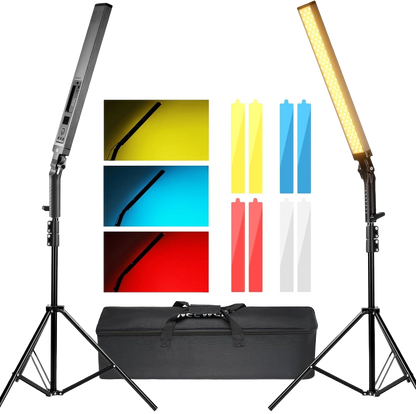 Kit de lumina continua, 2 lumini studio LED, cu display LCD, telecomanda, 4 filtre de culoare, 210 LED-uri CRI97, 3200K-5600K, Luminozitate reglabila 0-100%, alimentare duala, cu 2 buc trepied reglabil si geanta de depozitare si transport, Neewer BH20B
