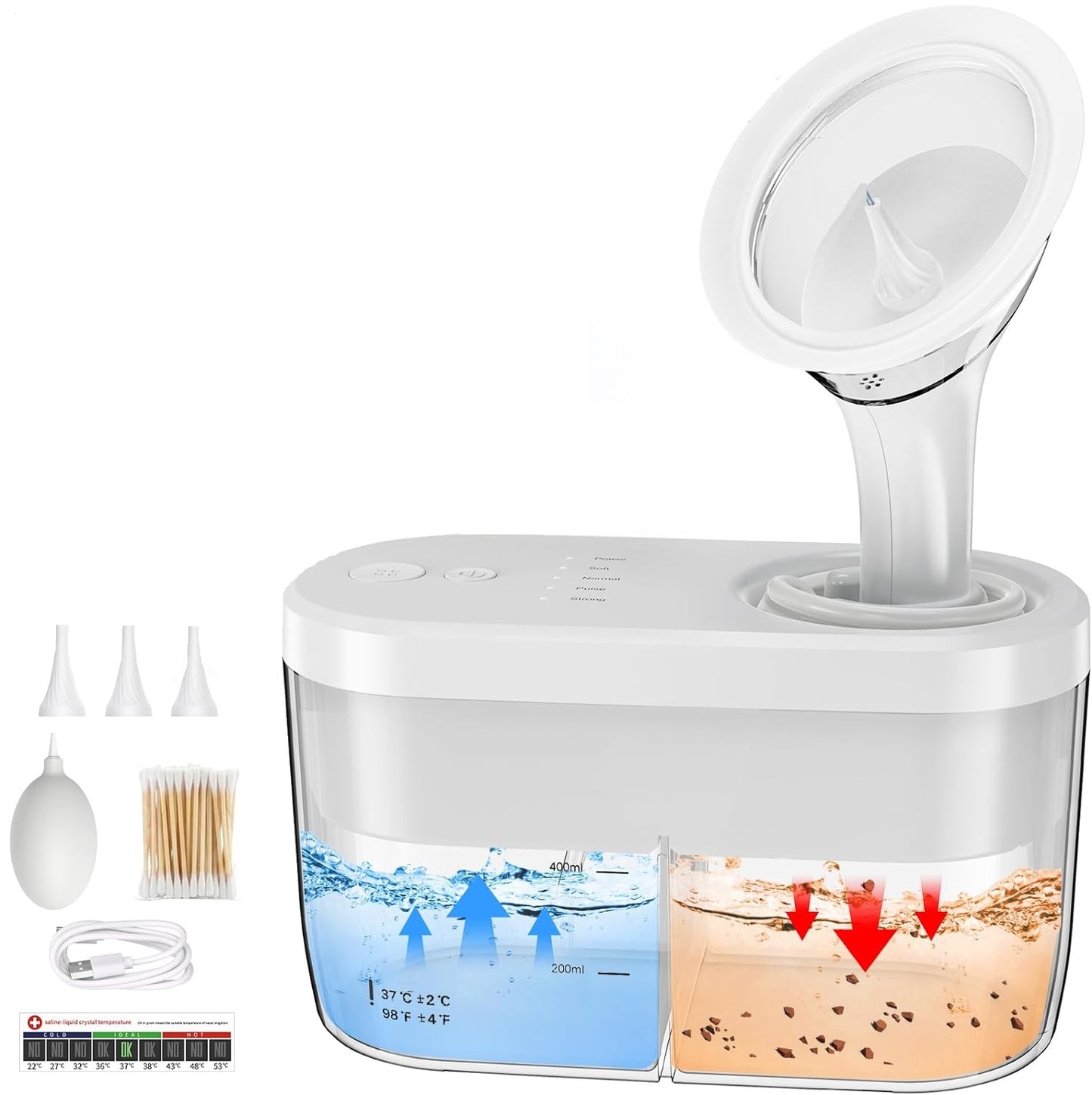 Aparat pentru curatat urechile electric, indeparteaza eficient ceara, cu 4 moduri de irigare, presiune 8-15PSI, impermeabil IPX5, USB C, doua rezervor de 400 ml, cu 3x capuri de slicon, 1x pompita, 1x betisoare de urechii si 1x autocolant cu termometru
