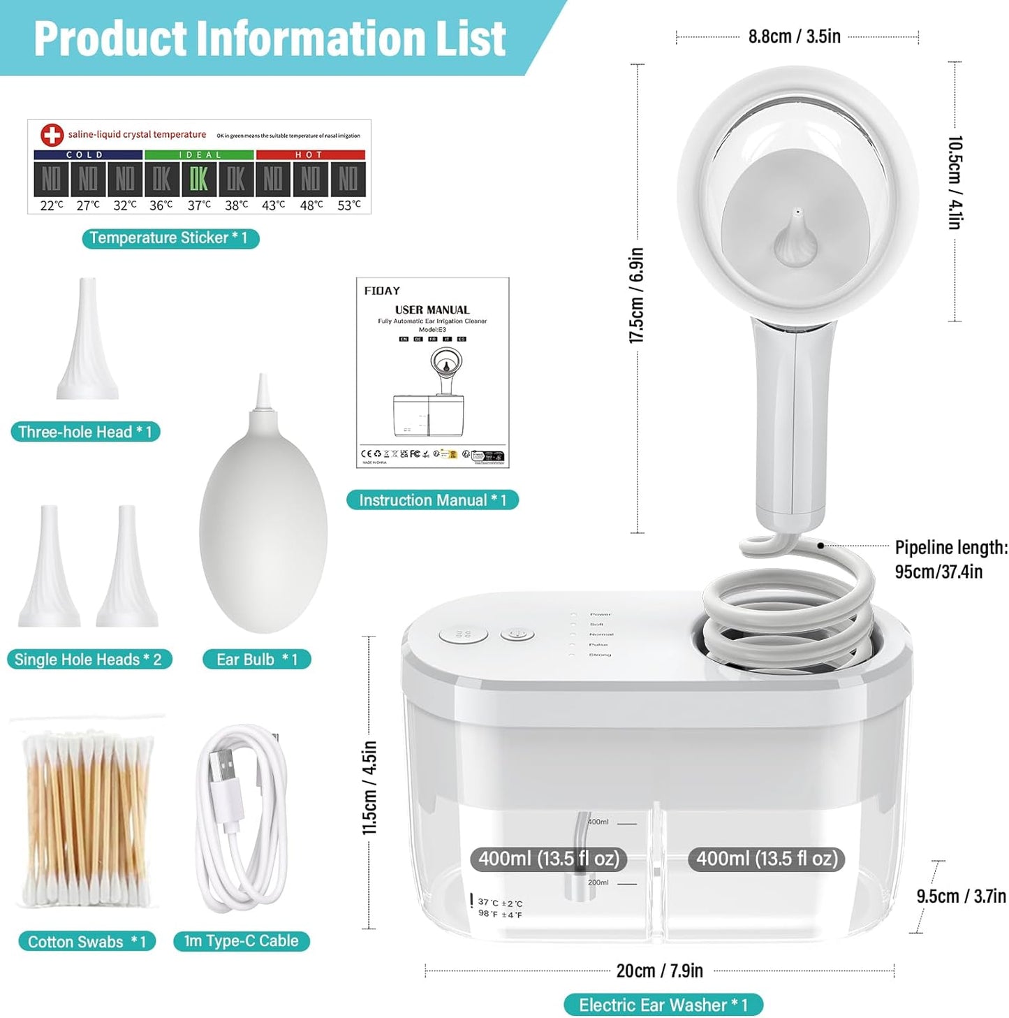 Aparat pentru curatat urechile electric, indeparteaza eficient ceara, cu 4 moduri de irigare, presiune 8-15PSI, impermeabil IPX5, USB C, doua rezervor de 400 ml, cu 3x capuri de slicon, 1x pompita, 1x betisoare de urechii si 1x autocolant cu termometru