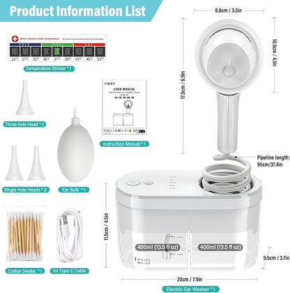 Aparat pentru curatat urechile electric, indeparteaza eficient ceara, cu 4 moduri de irigare, presiune 8-15PSI, impermeabil IPX5, USB C, doua rezervor de 400 ml, cu 3x capuri de slicon, 1x pompita, 1x betisoare de urechii si 1x autocolant cu termometru
