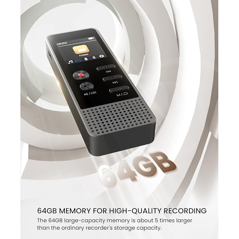 Reportofon digital 64 GB, microfon dublu cu functie reducere zgomot, inregistrare activata prin voce, 3072 Kbps, inregistrare apeluri, capacitate 100 ore, baterie 1000 mAh, dictafon cu difuzor incorporat