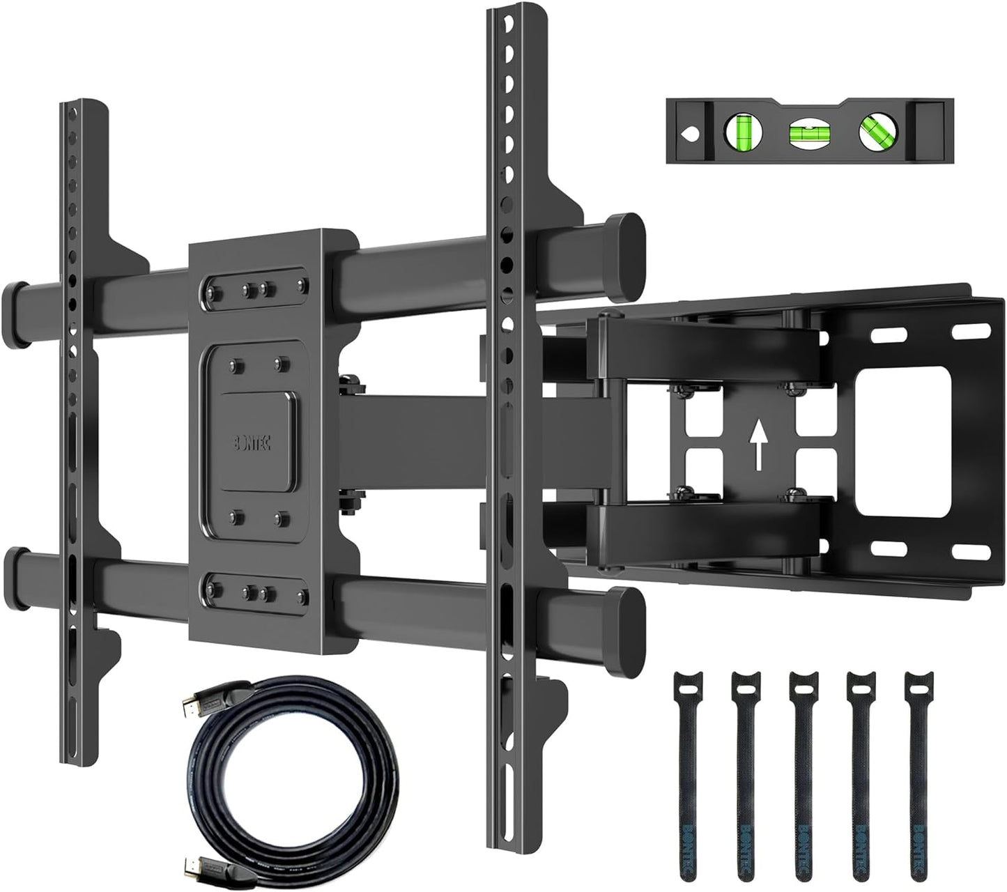 Suport TV de Perete, Universal, Diagonala 32”- 80”, Max 60kg, Vesa 200x100–600x400 mm, Brat Reglabil, Rotire 60°, Inclinare 20°, Extindere si Retragere 65-390mm, Cablu HDMI 1.8m, 1 boloboc, 5 coliere, pentru Televizoare Plate sau Curbate, BONTEC, Negru