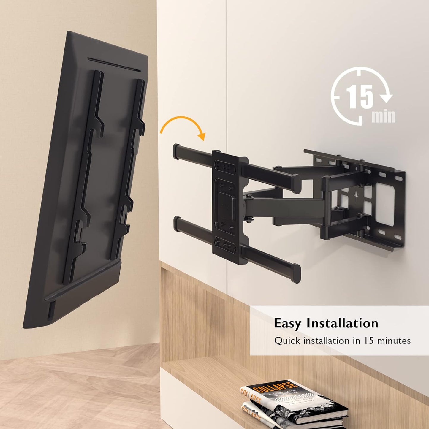 Suport TV de Perete, Universal, Diagonala 32”- 80”, Max 60kg, Vesa 200x100–600x400 mm, Brat Reglabil, Rotire 60°, Inclinare 20°, Extindere si Retragere 65-390mm, Cablu HDMI 1.8m, 1 boloboc, 5 coliere, pentru Televizoare Plate sau Curbate, BONTEC, Negru