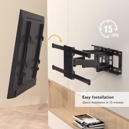 Suport TV de Perete, Universal, Diagonala 32”- 80”, Max 60kg, Vesa 200x100–600x400 mm, Brat Reglabil, Rotire 60°, Inclinare 20°, Extindere si Retragere 65-390mm, Cablu HDMI 1.8m, 1 boloboc, 5 coliere, pentru Televizoare Plate sau Curbate, BONTEC, Negru