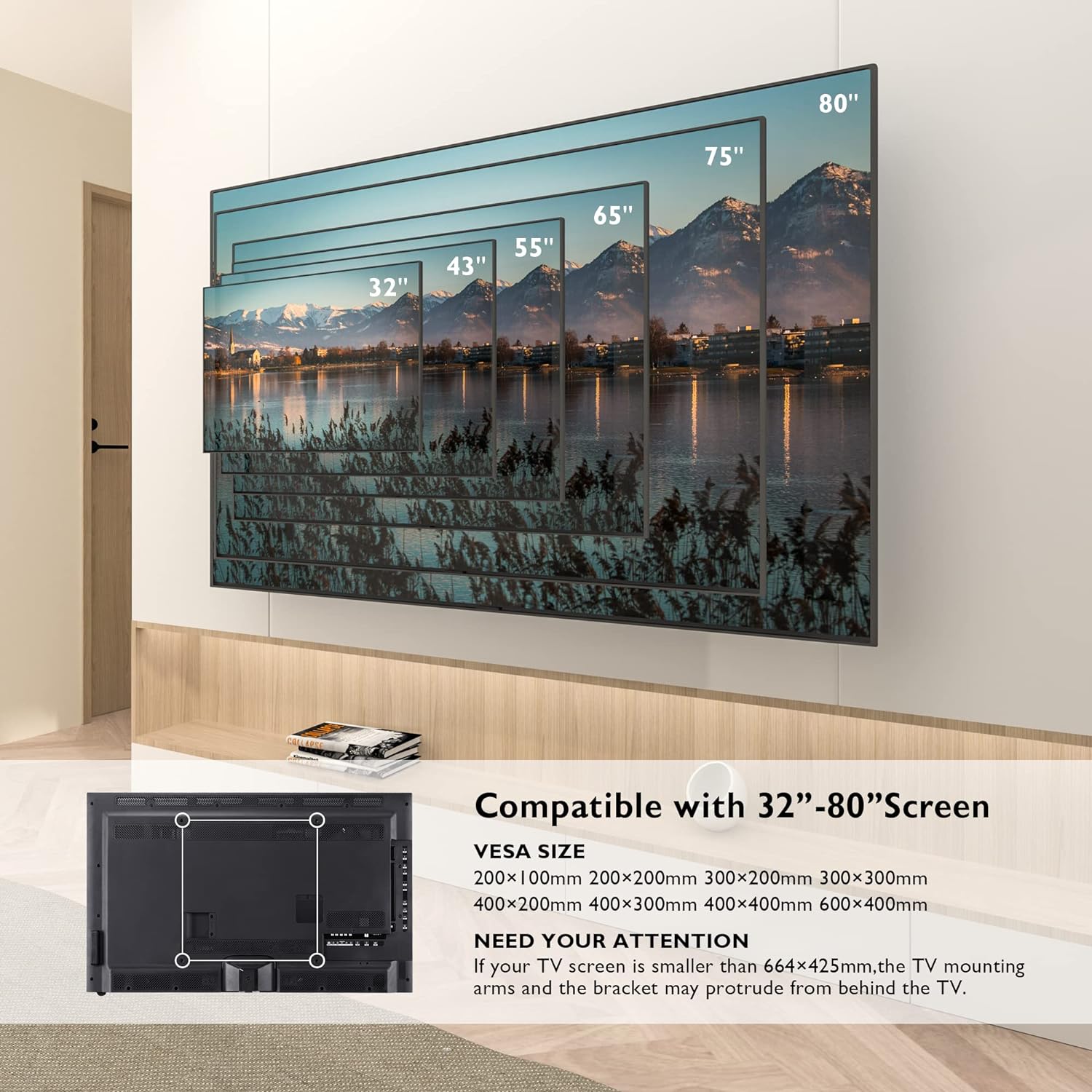 Suport TV de Perete, Universal, Diagonala 32”- 80”, Max 60kg, Vesa 200x100–600x400 mm, Brat Reglabil, Rotire 60°, Inclinare 20°, Extindere si Retragere 65-390mm, Cablu HDMI 1.8m, 1 boloboc, 5 coliere, pentru Televizoare Plate sau Curbate, BONTEC, Negru