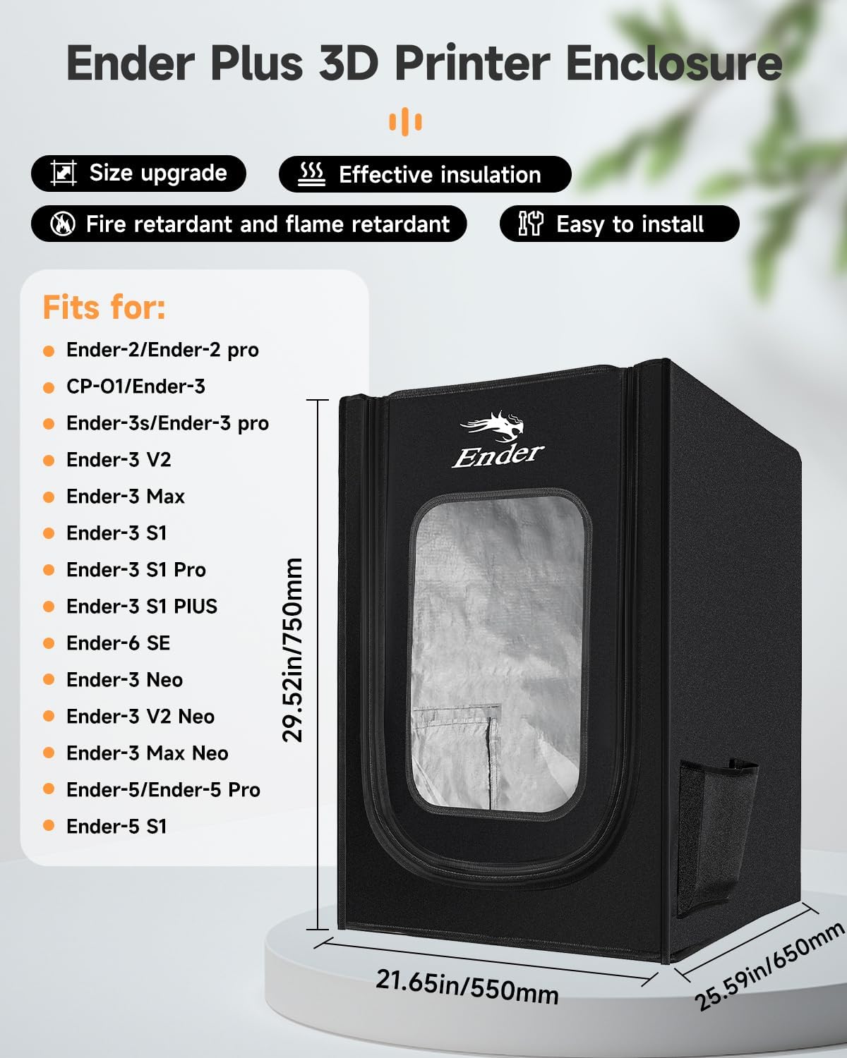 Husa imprimanta 3D Creality pentru seria Ender 3V2/3V2 Neo/Ender 3S1/3S1 Pro/Ender 3Pro/Ender 3/3Neo/Ender 3Max/Neo/Ender 6SE/Ender 5/5Pro/5S1, Ignifuga, impermeabila, rezistenta la praf, detasabila 750x650x550mm, Negru