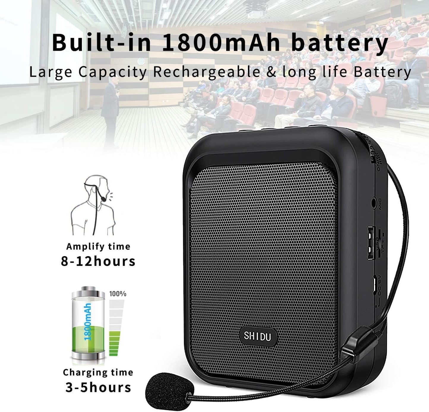 Megafon portavoce Bluetooth 5.0 portabil, cu microfon headset, 10W, baterie 1800 mAh, slot card, cu prindere tip clema, sistem PA, suporta audio in format MP3, pentru profesori, ghid turistic, antrenor