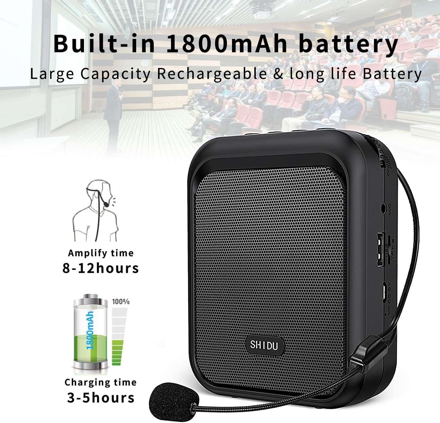 Megafon portavoce Bluetooth 5.0 portabil, cu microfon headset, 10W, baterie 1800 mAh, slot card, cu prindere tip clema, sistem PA, suporta audio in format MP3, pentru profesori, ghid turistic, antrenor