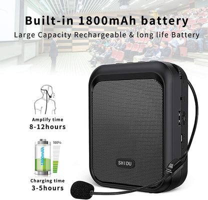 Megafon portavoce Bluetooth 5.0 portabil, cu microfon headset, 10W, baterie 1800 mAh, slot card, cu prindere tip clema, sistem PA, suporta audio in format MP3, pentru profesori, ghid turistic, antrenor