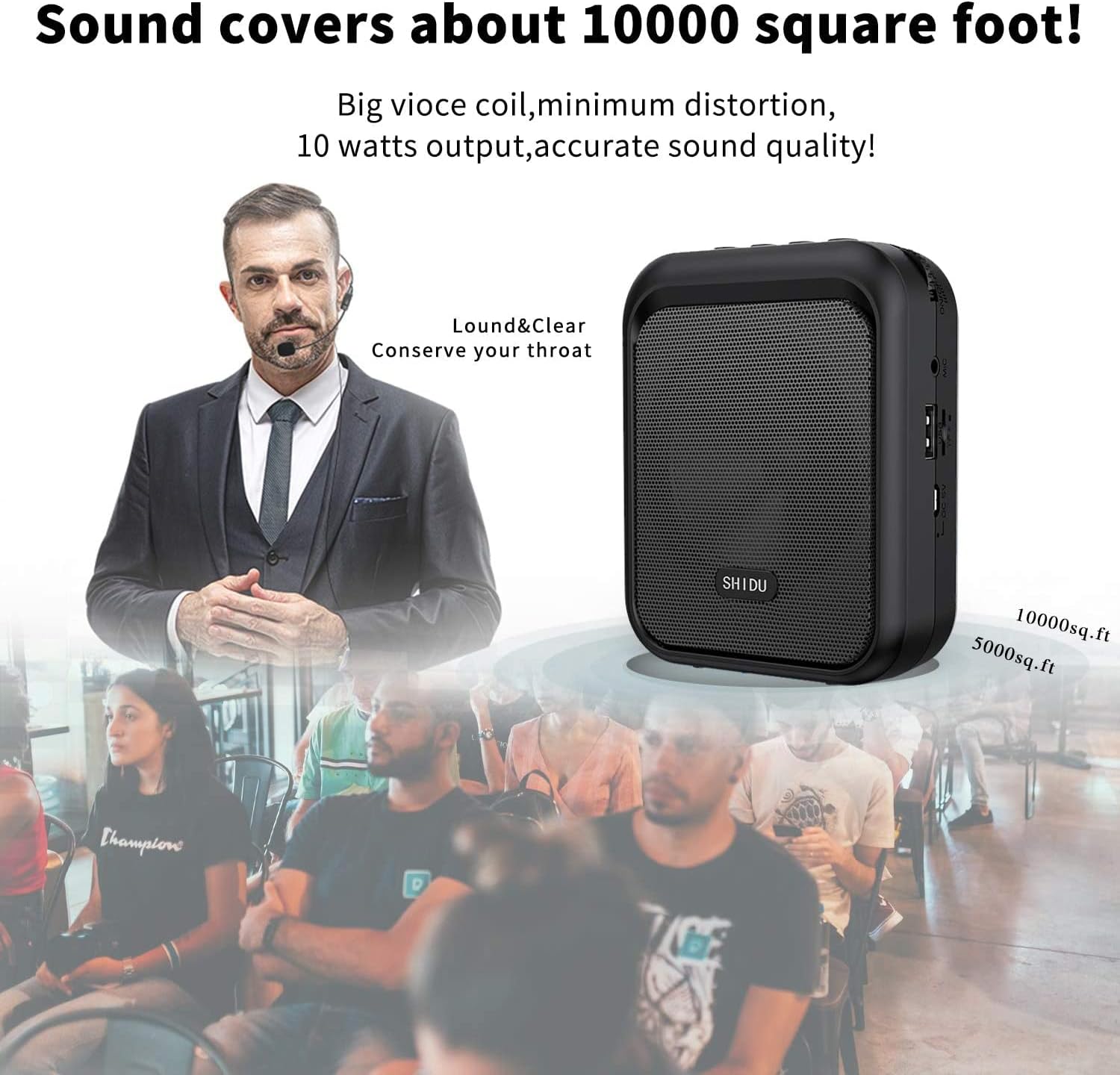 Megafon portavoce Bluetooth 5.0 portabil, cu microfon headset, 10W, baterie 1800 mAh, slot card, cu prindere tip clema, sistem PA, suporta audio in format MP3, pentru profesori, ghid turistic, antrenor