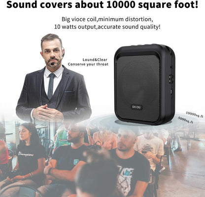 Megafon portavoce Bluetooth 5.0 portabil, cu microfon headset, 10W, baterie 1800 mAh, slot card, cu prindere tip clema, sistem PA, suporta audio in format MP3, pentru profesori, ghid turistic, antrenor