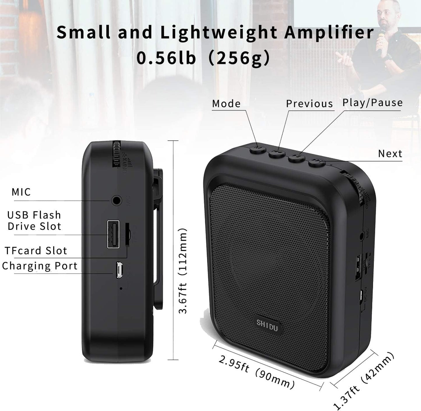 Megafon portavoce Bluetooth 5.0 portabil, cu microfon headset, 10W, baterie 1800 mAh, slot card, cu prindere tip clema, sistem PA, suporta audio in format MP3, pentru profesori, ghid turistic, antrenor