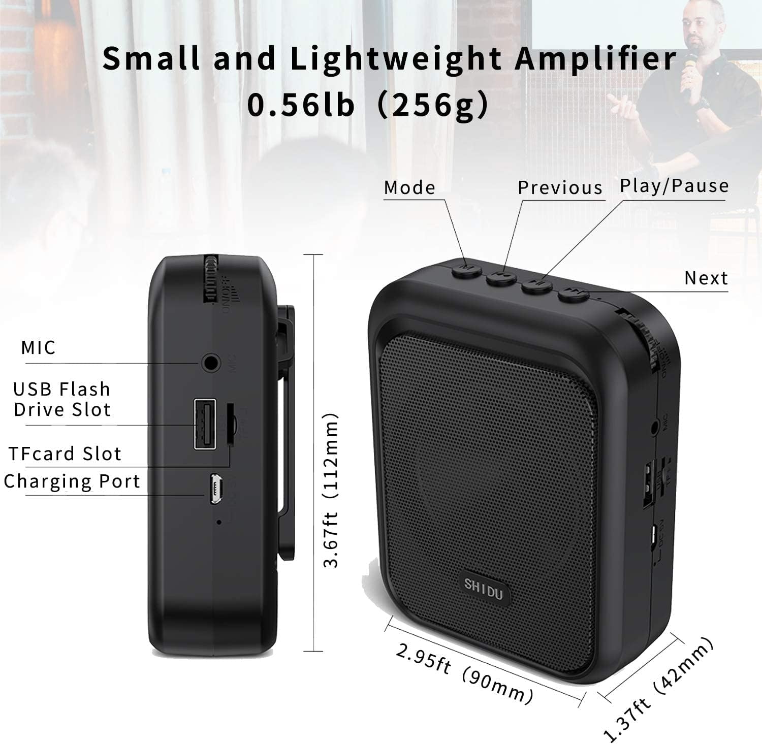 Megafon portavoce Bluetooth 5.0 portabil, cu microfon headset, 10W, baterie 1800 mAh, slot card, cu prindere tip clema, sistem PA, suporta audio in format MP3, pentru profesori, ghid turistic, antrenor